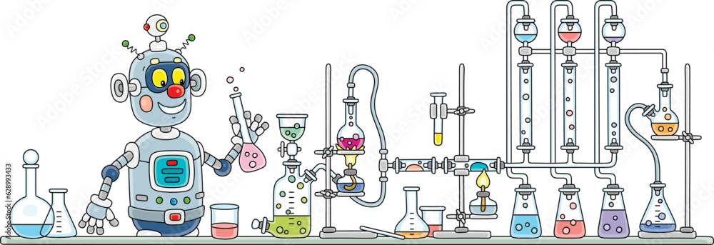 Funny robot during an experiment with reagents and equipment at a ...