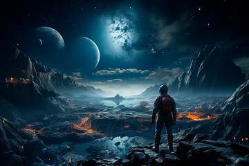 Wall Mural - man standing in the moon.portrait of cute fluffy dog