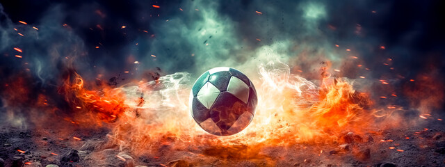 Wall Mural - creative abstract soccer ball in fast motion, lightning, fire and energy of sport, banner made with Generative AI