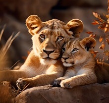 Lioness Cuddles With Her Young Cub - AI Generated
