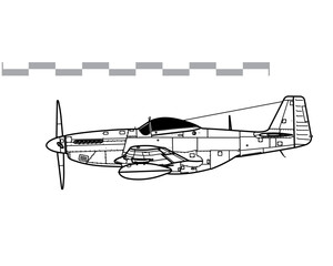 Wall Mural - North American P-51D-5 Mustang. Vector drawing of WW2 fighter aicraft. Side view. Image for illustration and infographics.