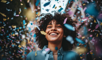 Wall Mural - Portrait of a young woman celebrating with brightly coloured falling confetti