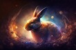 Spiritual, fantasy wallpaper featuring legendary rabbit Easter in the universe for magical awakening concept. Generative AI
