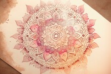 Pink Watercolor Mandala On Textured Paper. Generative AI
