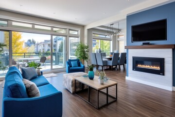 Canvas Print - The living room has an open design and features fashionable furniture, including sleek grey leather armchairs and an electric fireplace. The windows bring in the vibrant blue sky and showcase hardwood