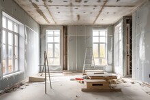 The Procedure Involved In Fitting Metal Frames For Plasterboard, Commonly Known As Drywall, To Construct And Enhance Gypsum Walls In An Apartment Undergoing Various Construction Activities Such As