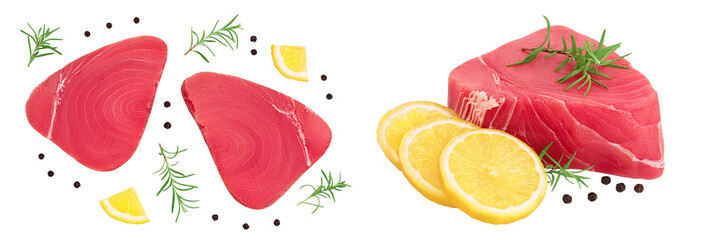 Wall Mural - Fresh tuna fish fillet steak with rosemary, lemon and peppercorns isolated on white background . Top view. Flat lay