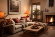 The living room has a warm and inviting atmosphere, featuring a comfortable sofa adorned with a knitted blanket.