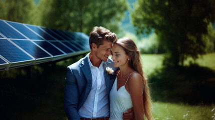 A happy couple cuddling next to a solar panel outside a sunny field. 2