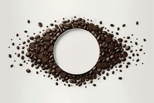 White background with circular copyspace surrounded by coffee beans. Generative AI