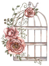 Hand Painted Watercolor Rusty Vintage Bird Cage With Red Roses Flowers Bouquet And Green Leaves Branch. Provence Style Illustration. Weeding Card Invitation.
