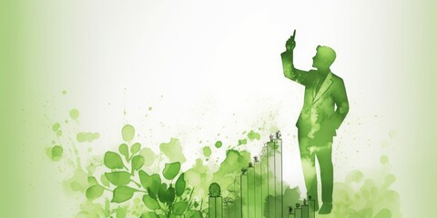 financial analysis and eco-consciousness with a light green aquarell painted silhouette of a businessman pointing at a stock market graph on a pristine white background, surrounded by blossoming flowe