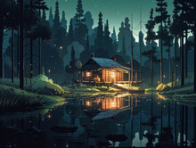 A Beautiful Vector Of Houuse In The Jungle At Starry Night With Lake In Forground 