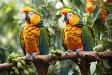 Two Parrots On A Branch. Ai Generator