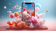 Mobile Phone Surrounded By Colored Clouds And Balloons, Advertising Illustration. Generative Ai. 