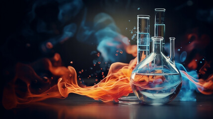 abstract background of chemical laboratory with flasks and fire. generative ai.