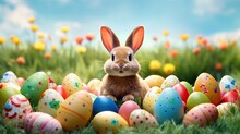 Happy Bunny With Many Easter Eggs On Grass Festive Generative Ai