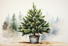 Minimalistic Small Single Christmas Tree Linen To Graft After The Holidays In Watercolor Painting Style