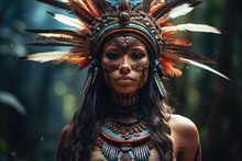 Beautiful Woman Indigenous Portrait Of Tribal Amazon . Looking Serious At Camera.