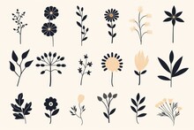 Flowers And Herbs Mega Set Graphic Elements In Flat Design. Bundle Of Abstract Wildflowers, Daisy, Rose, Hyacinth And Other Meadow Blossoms, Plants With Leaves