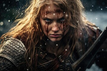 Wall Mural - Portrait of an ancient female viking warrior with blonde hair, metal and leather armor stained with mud and blood. Fighting pose.