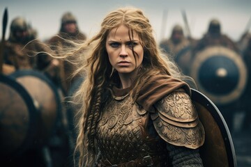 portrait of an ancient female viking warrior with blonde hair, metal and leather armor stained with 