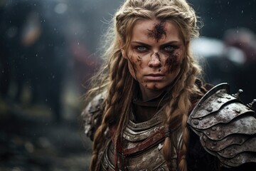 Wall Mural - Portrait of an ancient female viking warrior with blonde hair, metal and leather armor stained with mud and blood. Fighting pose.