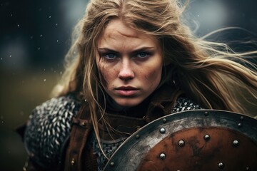 Wall Mural - Portrait of an ancient female viking warrior with blonde hair, metal and leather armor stained with mud and blood. Fighting pose.