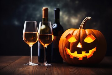 Wall Mural - Two glasses of wine and bottle with Halloween - old jack-o-lantern on dark toned foggy background. Scary Halloween pumpkin