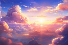 Heavenly Sky, Sunset Above The Clouds Painting, Representing Hope, Divinity, And The Heavens, Generative AI