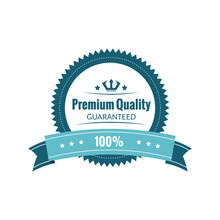 This Is A Flat Image Of A Quality Label Stamp In Classic Serrated Design With Ribbon In Blue Color On A White Background That Said Premium Quality Guaranteed
