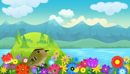 Wall Mural - cartoon happy fairy tale scene with nature forest and funny bird on meadow illustration for children