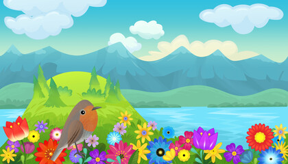 Wall Mural - cartoon happy fairy tale scene with nature forest and funny bird on meadow illustration for children