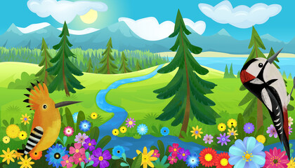 Wall Mural - cartoon happy fairy tale scene with nature forest and funny bird on meadow illustration for children