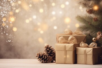 christmas and new year background - gift boxes and pine cones and branches on the background of boke