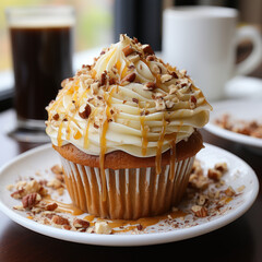 A muffin with carrot cake batter walnuts
