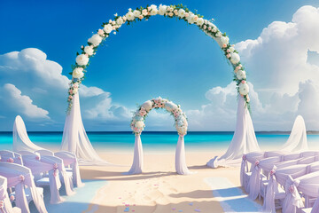 Wall Mural - beach wedding venue, wedding setup, cabana, arch, gazebo decorated with flowers, beach wedding setup