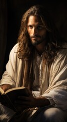 Poster - Jesus holding a Bible sitting looking at the camera 