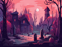 Halloween Creepy Graveyard Modern Illustration. Holiday Card Drawing