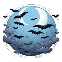 Sticker - halloween moon with bats, cartoon clipart, transparent background