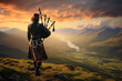 Melodies of the Highlands. Jubilant Scottish Bagpiper in Traditional Kilt Playing Bagpipes. AI Generative