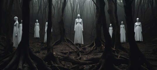 Group of mysterious creepy creature at haunted foggy forest background. Generative AI technology.