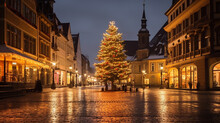 A Christmas Tree Is Near A Building With Lit Lights Generative AI