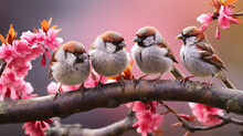 Four Birds Sit On A Branch In Front Of Pink Flowers Generative AI