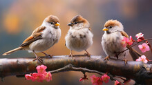 Three Birds Siting On A Branch With Pink Flowers Generative AI