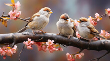 Small Sparrows On Branches Sitting And Eating Small Flowers Generative AI