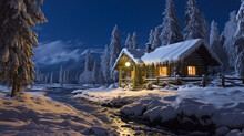 This Small Log Cabin Is Snow Covered At Night Generative AI