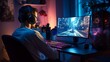 © SayLi - a handsome gamer guy gaming on his pc computer console with keyboard mouse and headphones in front of multiple monitor. sitting on a chair in his gaming room with rgb led lights. Generative AI