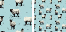 Flock Of Sheep Cute Nursery Vintage Pale Blue And White Childlike Farm Vector Illustration Seamless Pattern