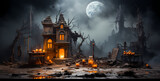 Fototapeta Paryż - Twilight Haunted House: Scary Halloween Still Life in Rustic Style with Light Amber Tones